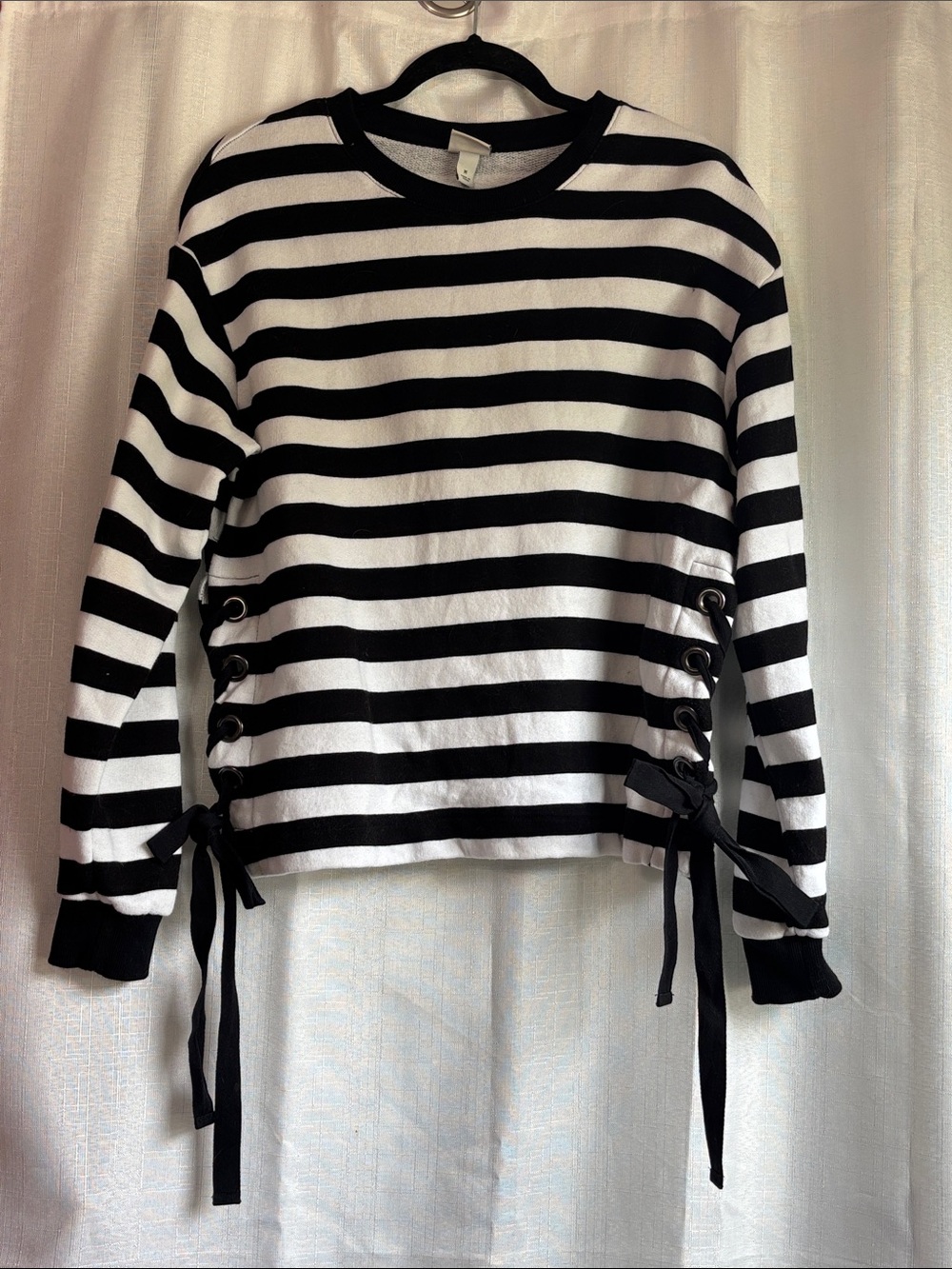 a new day Black and White Striped Lace-Up Side Tie Sweatshirt. 100% Cotton Great